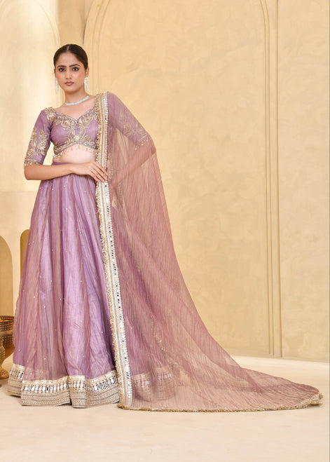 Mauve Purple Hand-Embroidered Tissue Lehenga