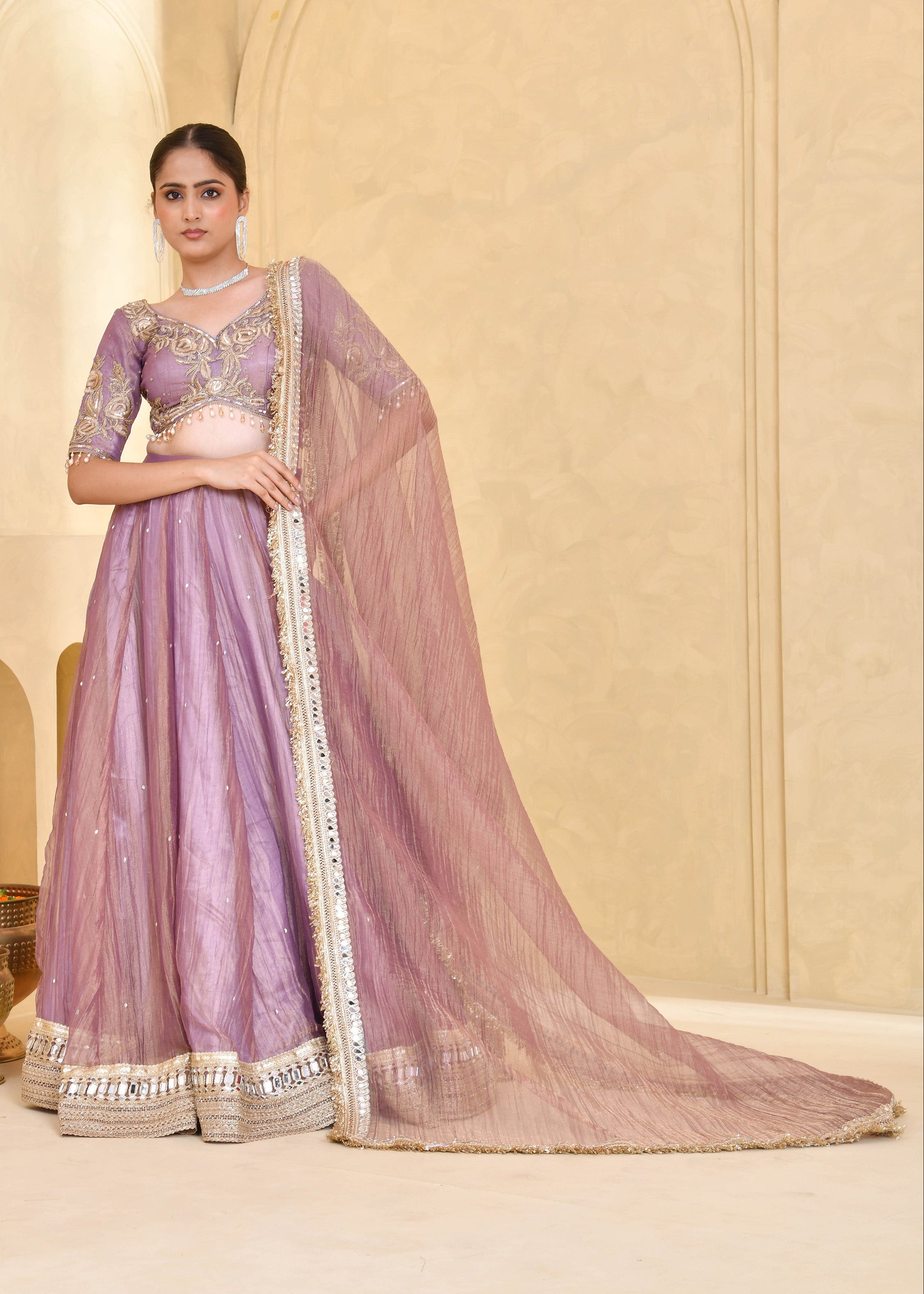 Mauve Purple Hand-Embroidered Tissue Lehenga