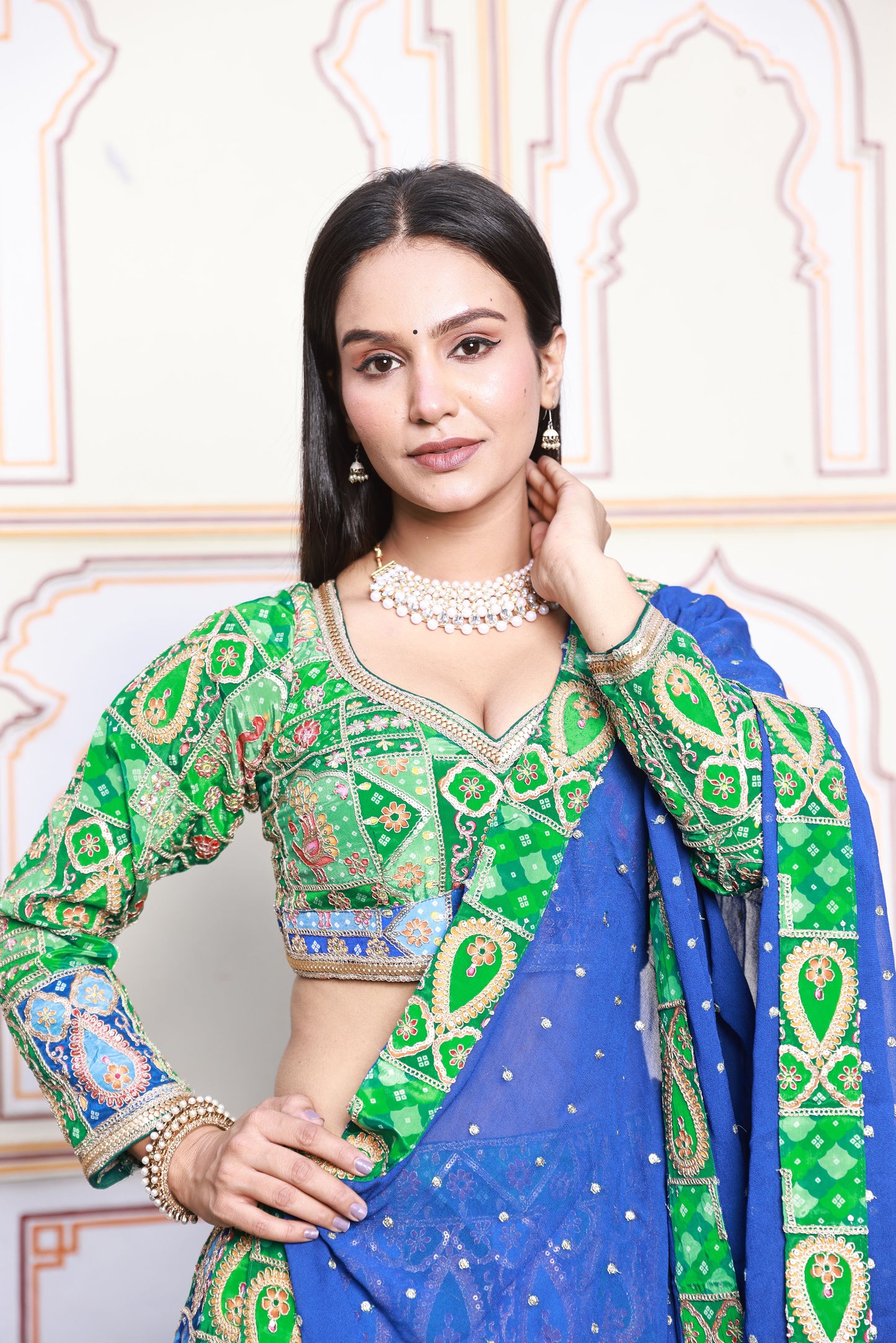 Green and Blue Embroidered Viscose Crepe Lehenga