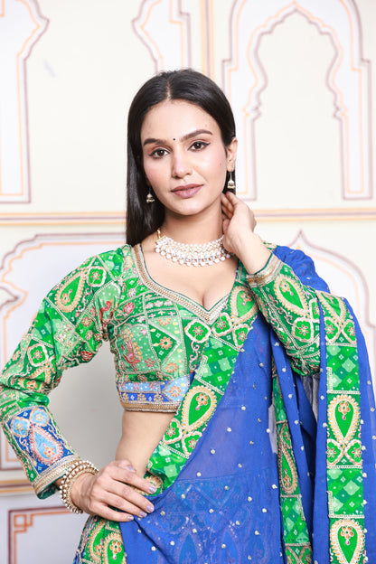 Green and Blue Embroidered Viscose Crepe Lehenga
