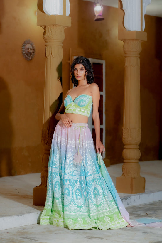 Multicolor Thread Embroidered Georgette Lehenga