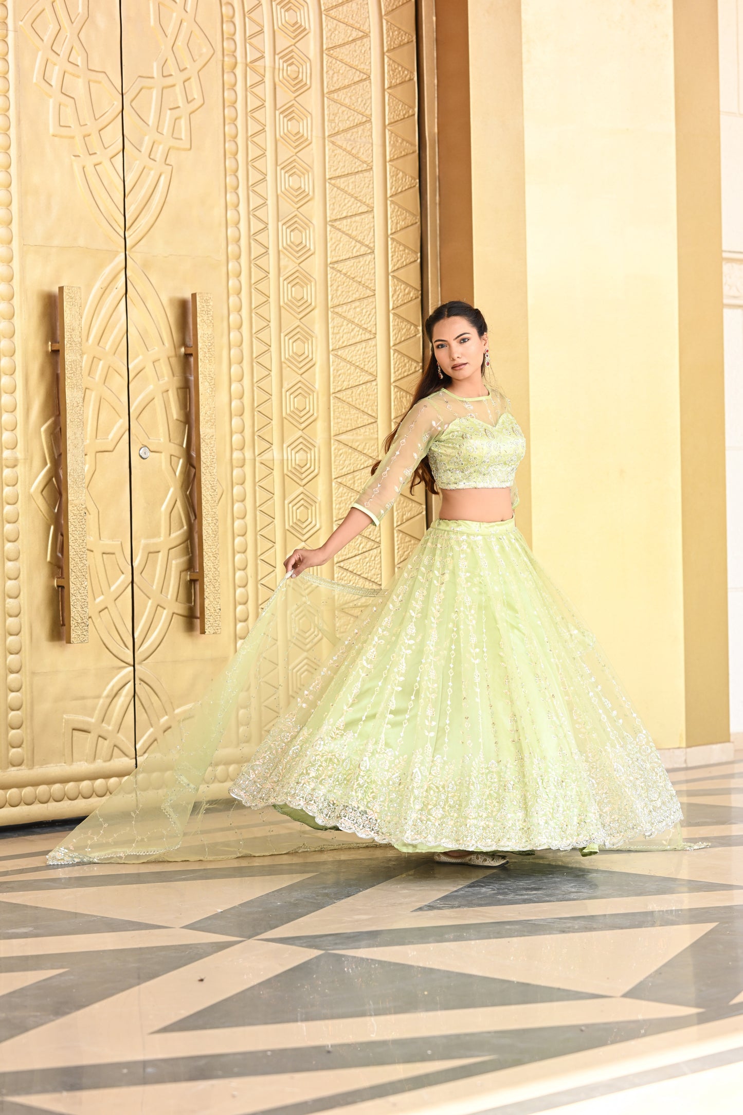 Light Pastel Green Sparkle Embroidered Net Lehenga