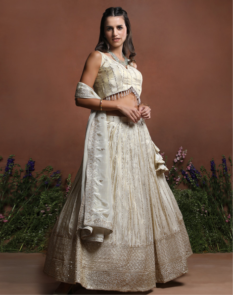 Sleeveless Off-White Embroidered Silk Lehenga