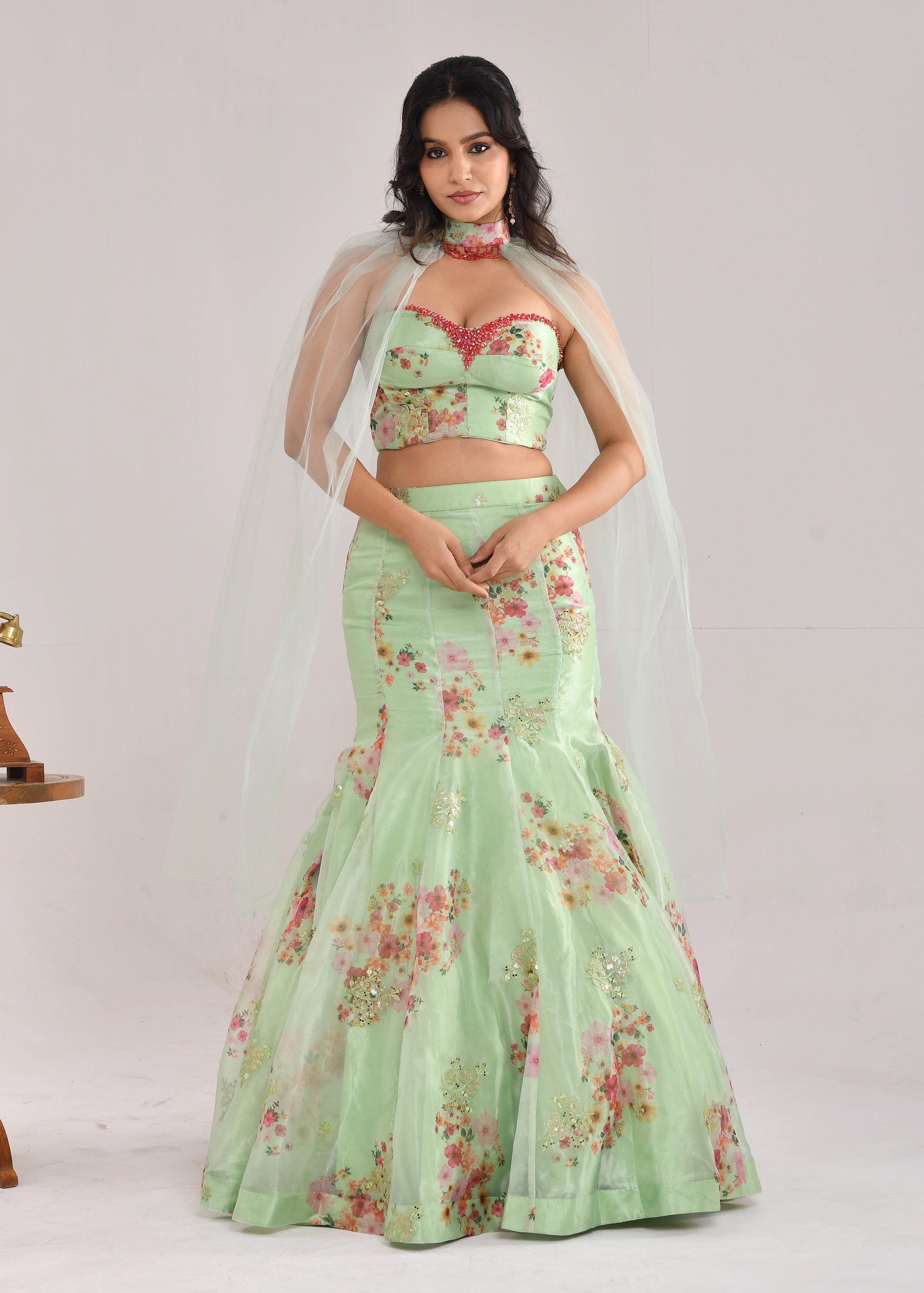 Mint Green Floral Hand-Embroidered Glass Tissue Fishcut Lehenga