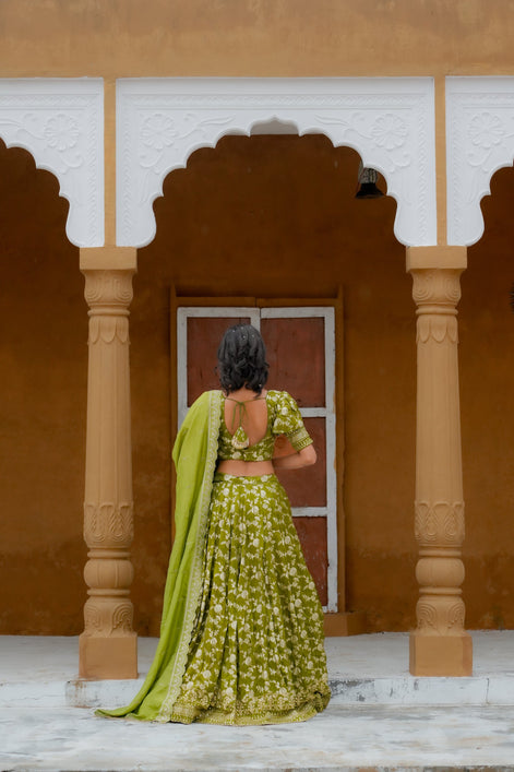 Green Embroidered Banarasi Silk Lehenga