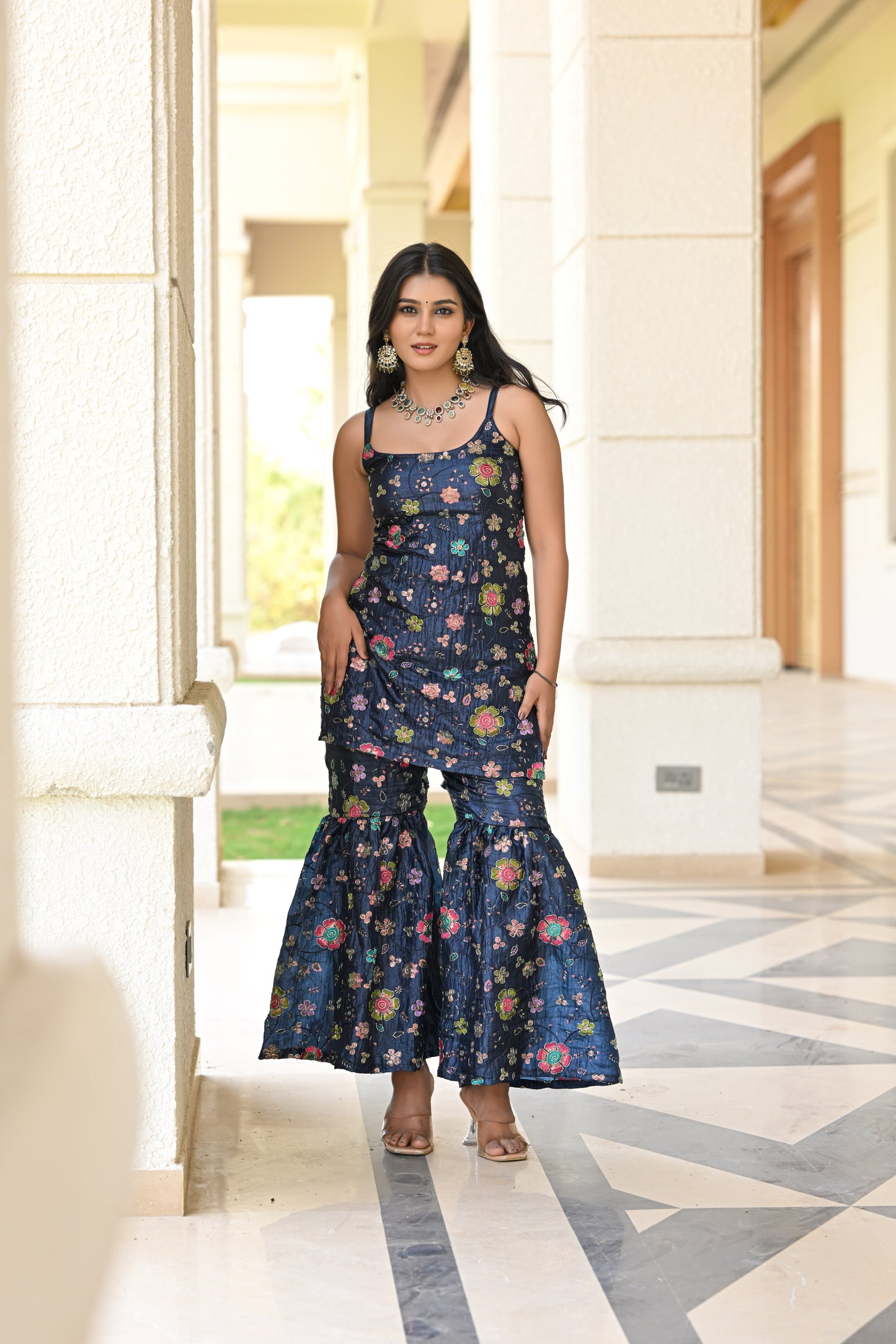 Navy Blue Multicolor Floral Embroidered Garara