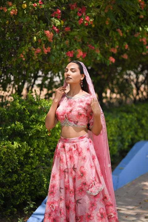 Pink Multicolor Floral Embellished Organza Lehenga