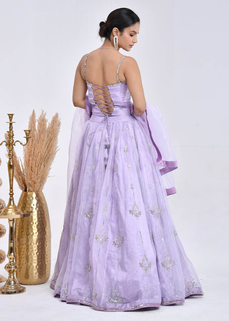 Lavender Hand-Embroidered Organza Lehenga