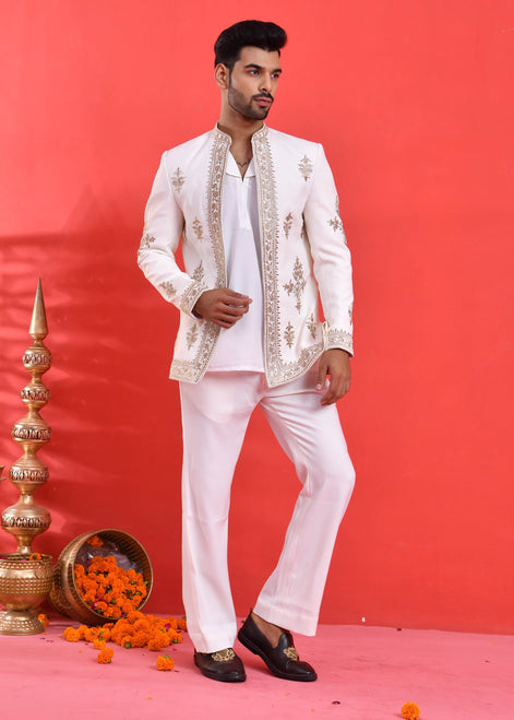 White Embroidered Japanese Silk Indo-Western Suit