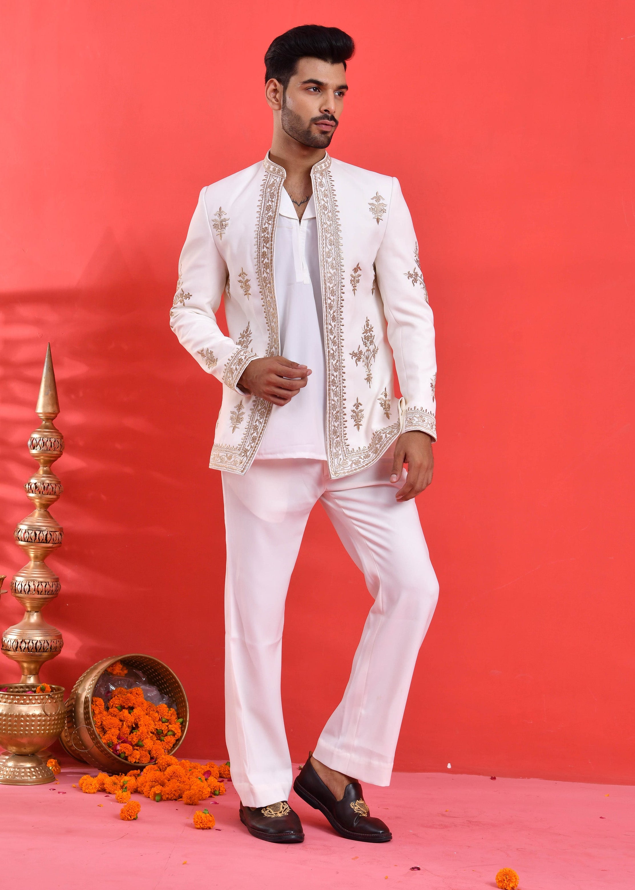 White Embroidered Japanese Silk Indo-Western Suit