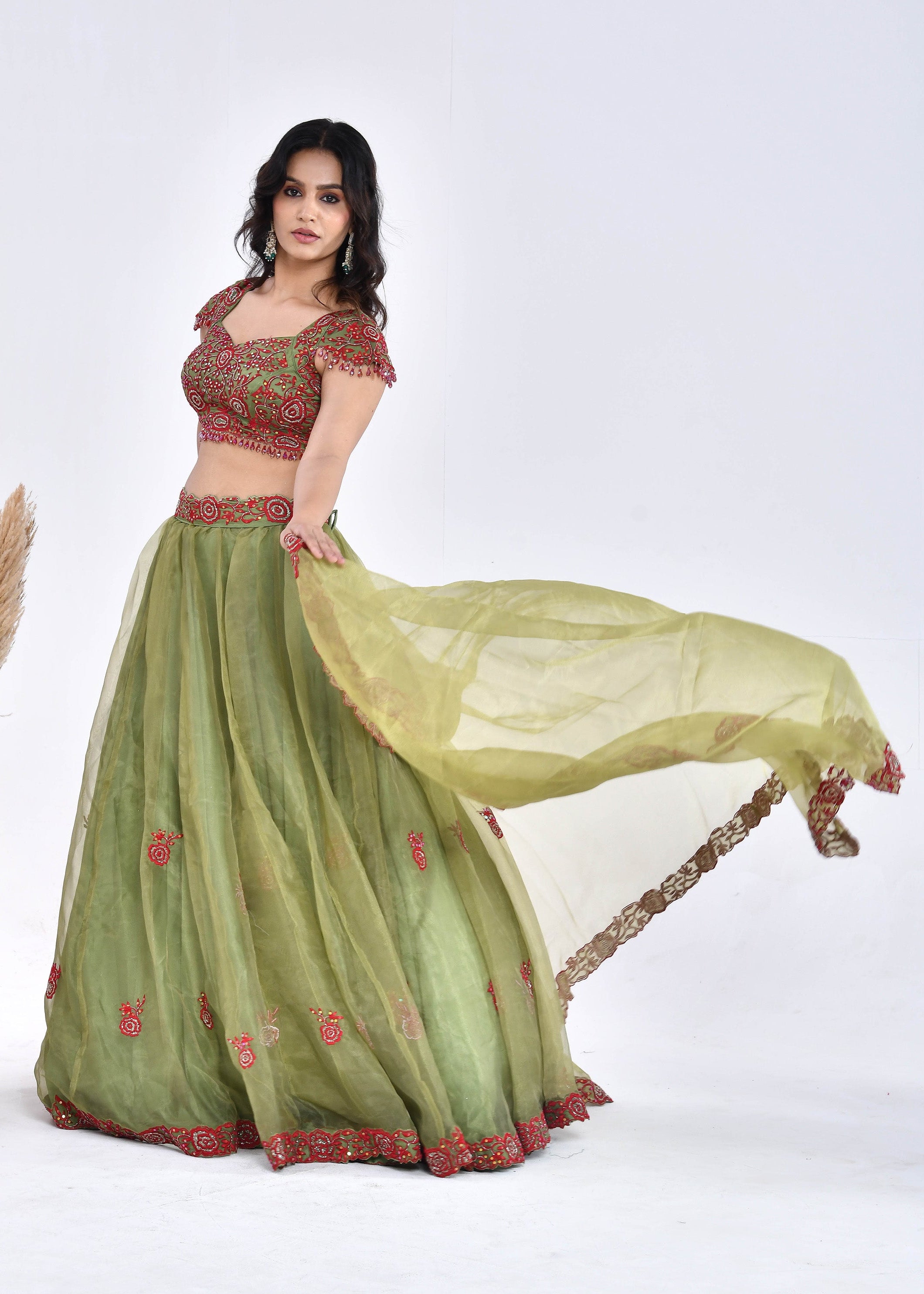 Olive Green Hand-Embroidered Silk Lehenga