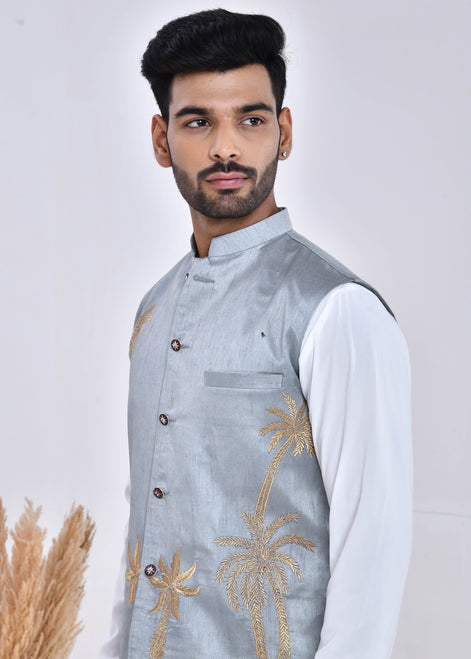 Grey Embroidered Raw Silk Nehru Jacket Set