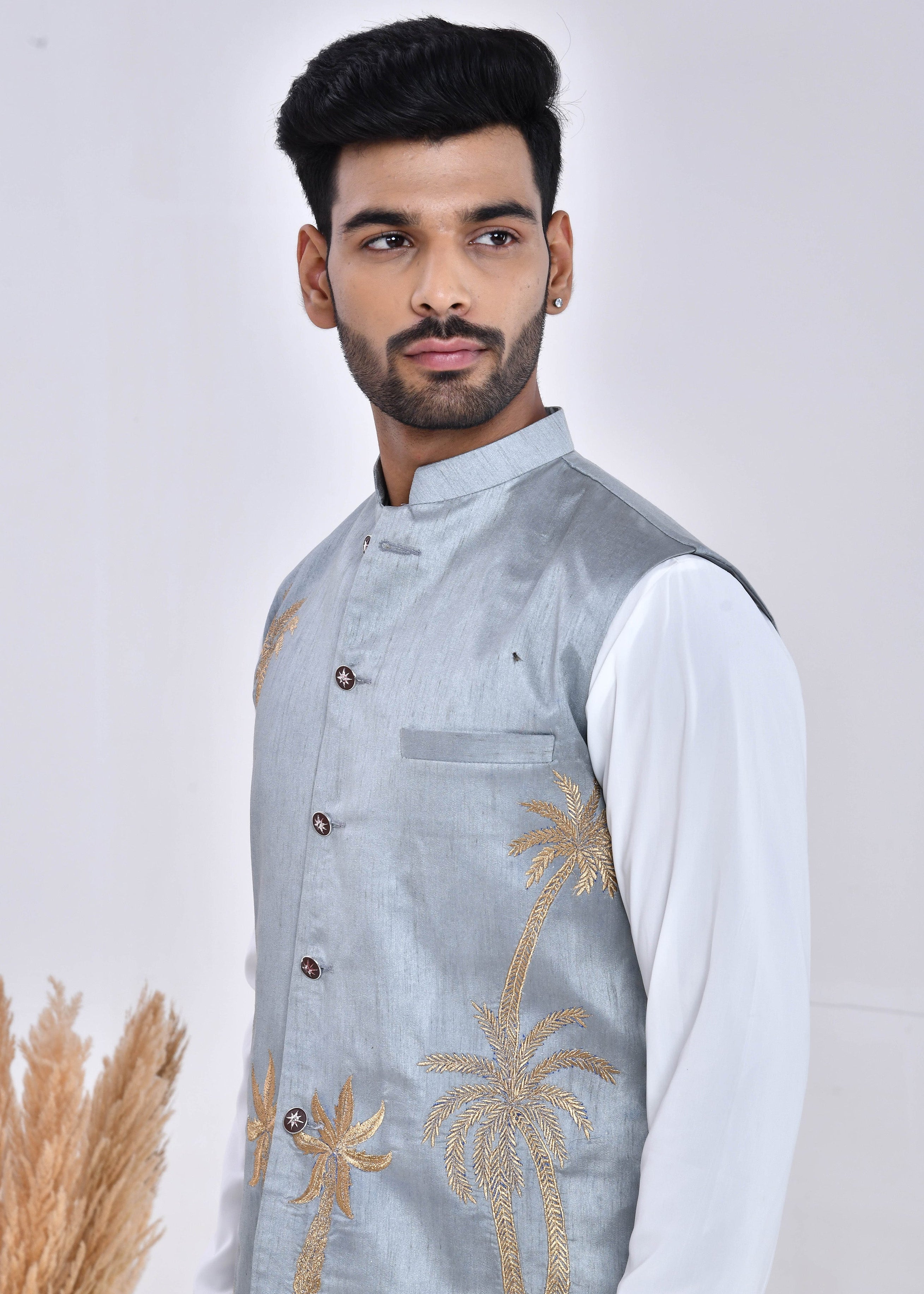 Grey Embroidered Raw Silk Nehru Jacket Set
