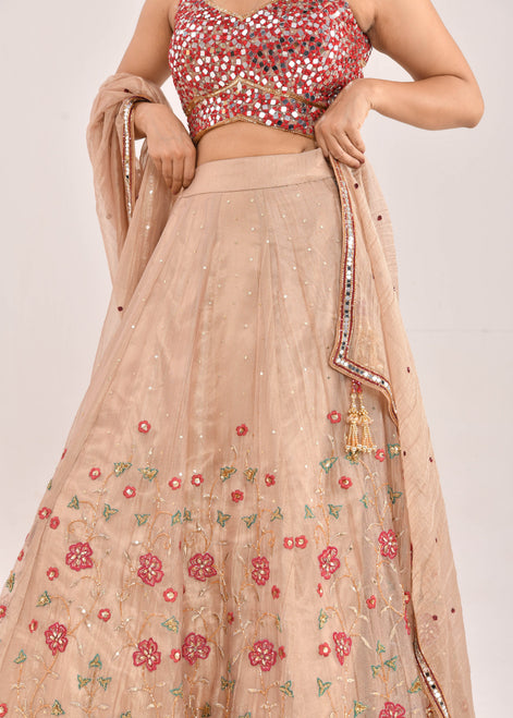 Gold and Red Embroidered Raw Tissue Lehenga
