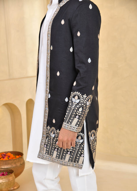 Black Embroidered Raw Silk Indo-Western Jacket Set