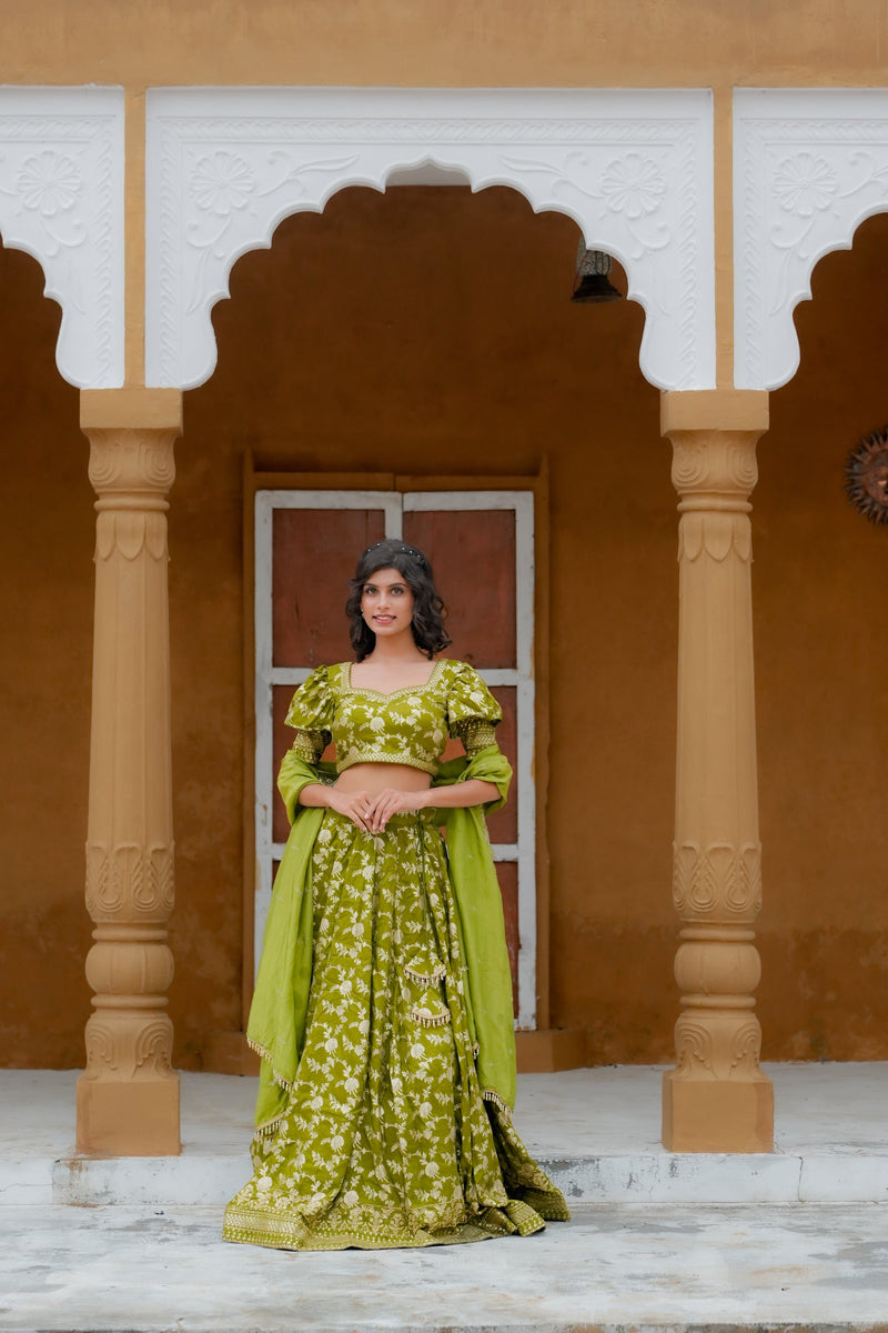 Green Embroidered Banarasi Silk Lehenga