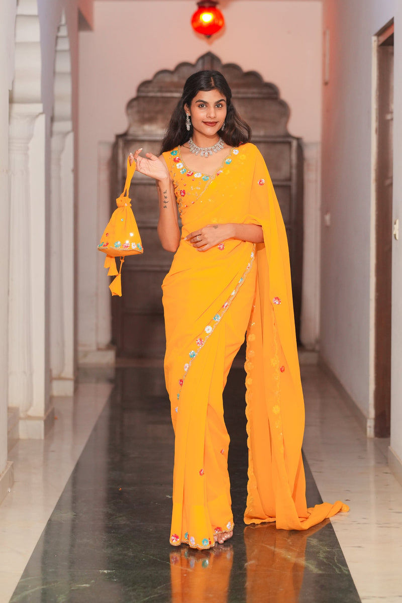 Orange Hand Embroidery Georgette Saree
