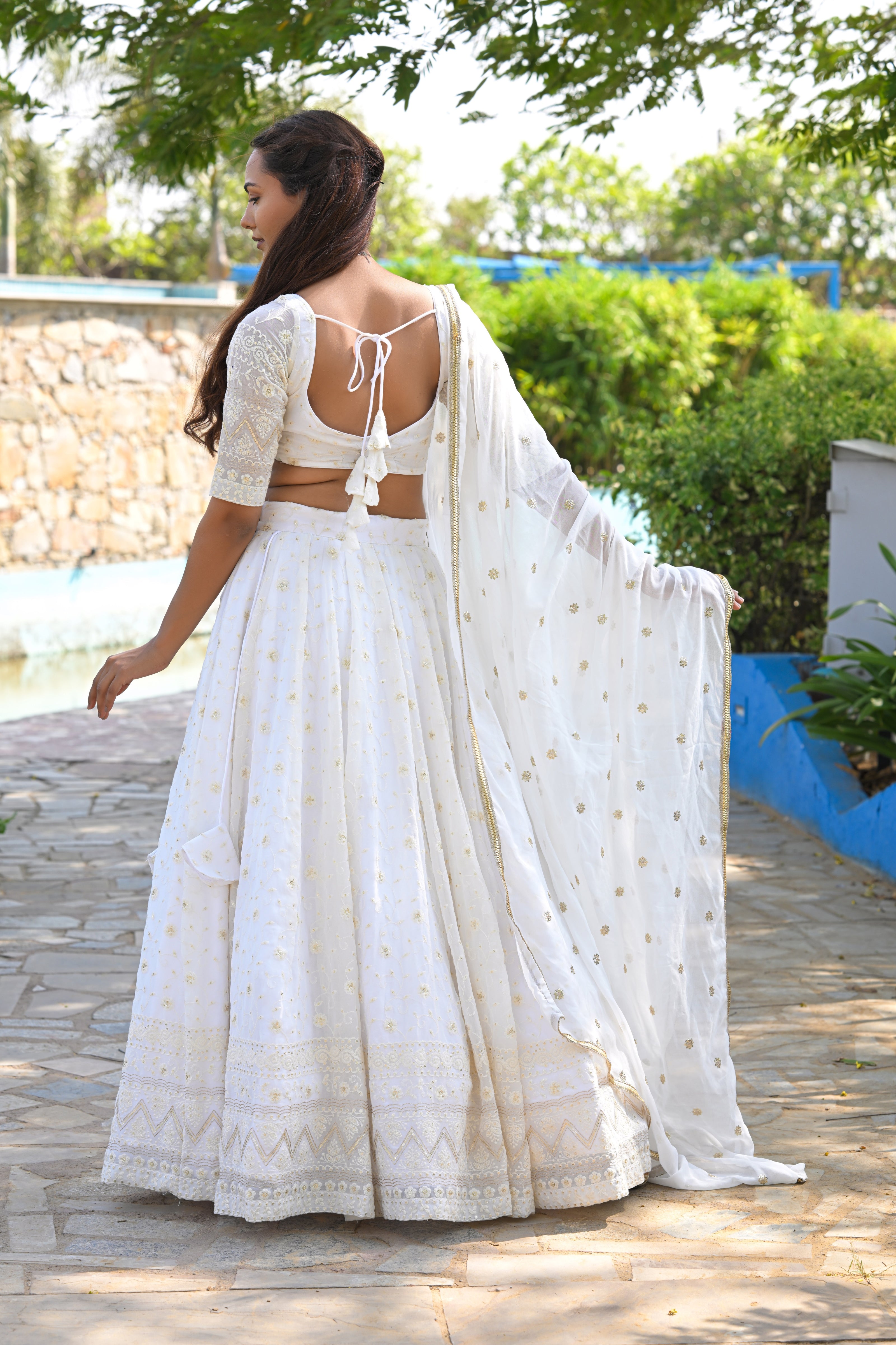 White and Beige Thread Patterned Embroidered Georgette Lehenga