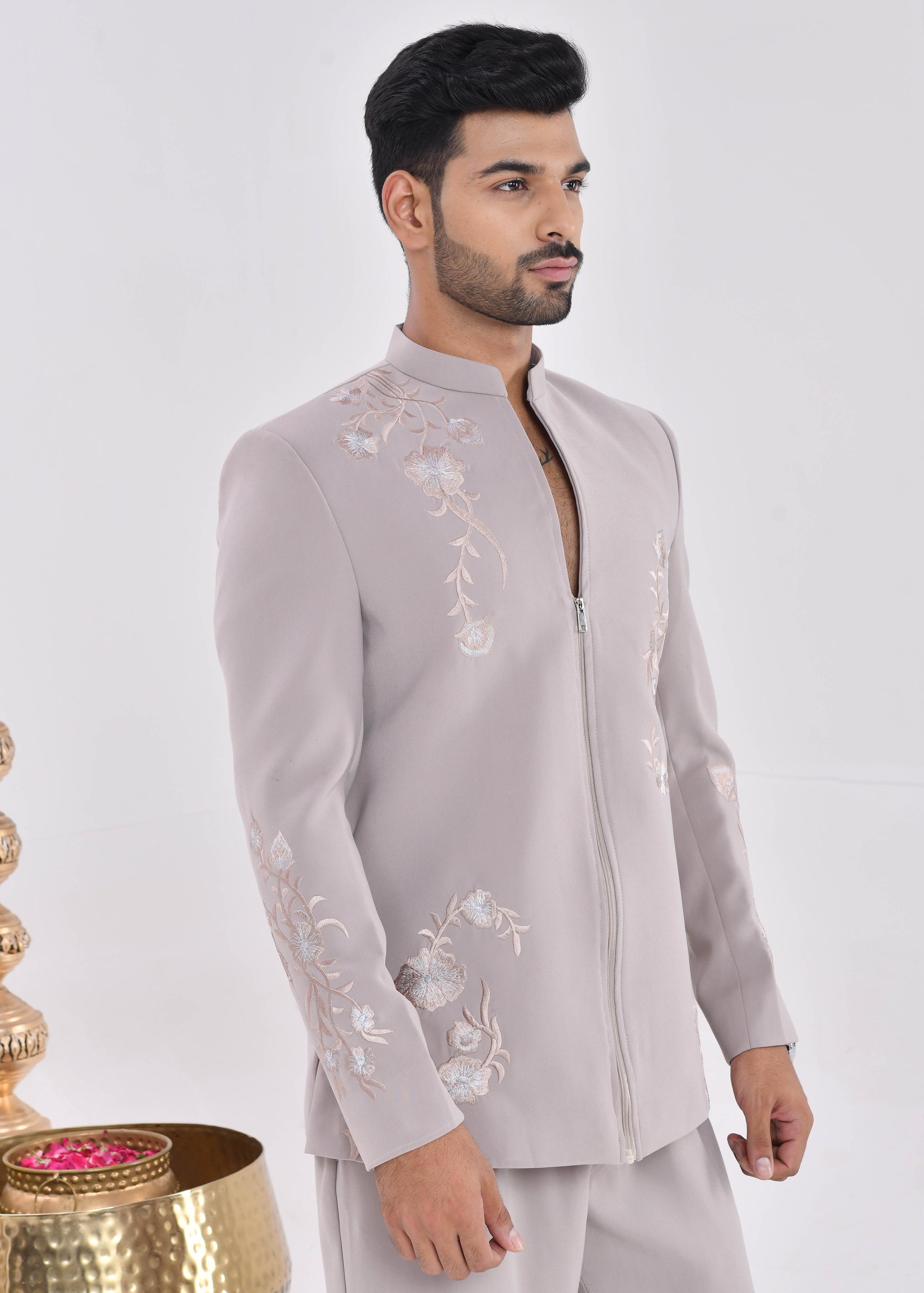 Taupe Embroidered Crepe Bandhgala Indo-Western Suit