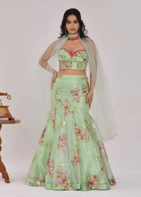 Mint Green Floral Hand-Embroidered Glass Tissue Fishcut Lehenga