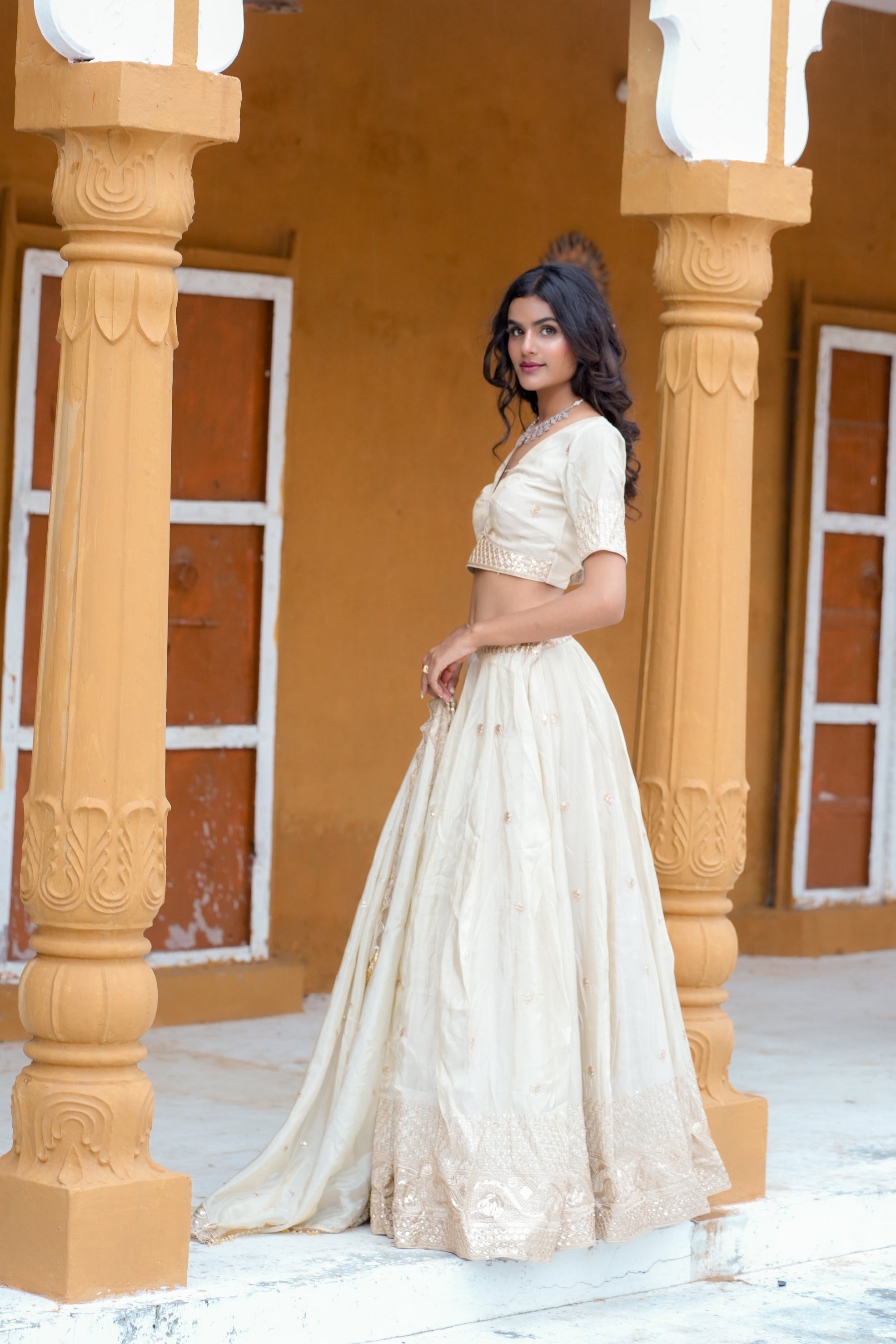 White Embroidered Silk Lehenga