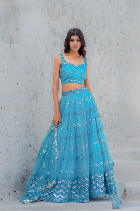 Sky Blue Embroidered Chiffon Lehenga