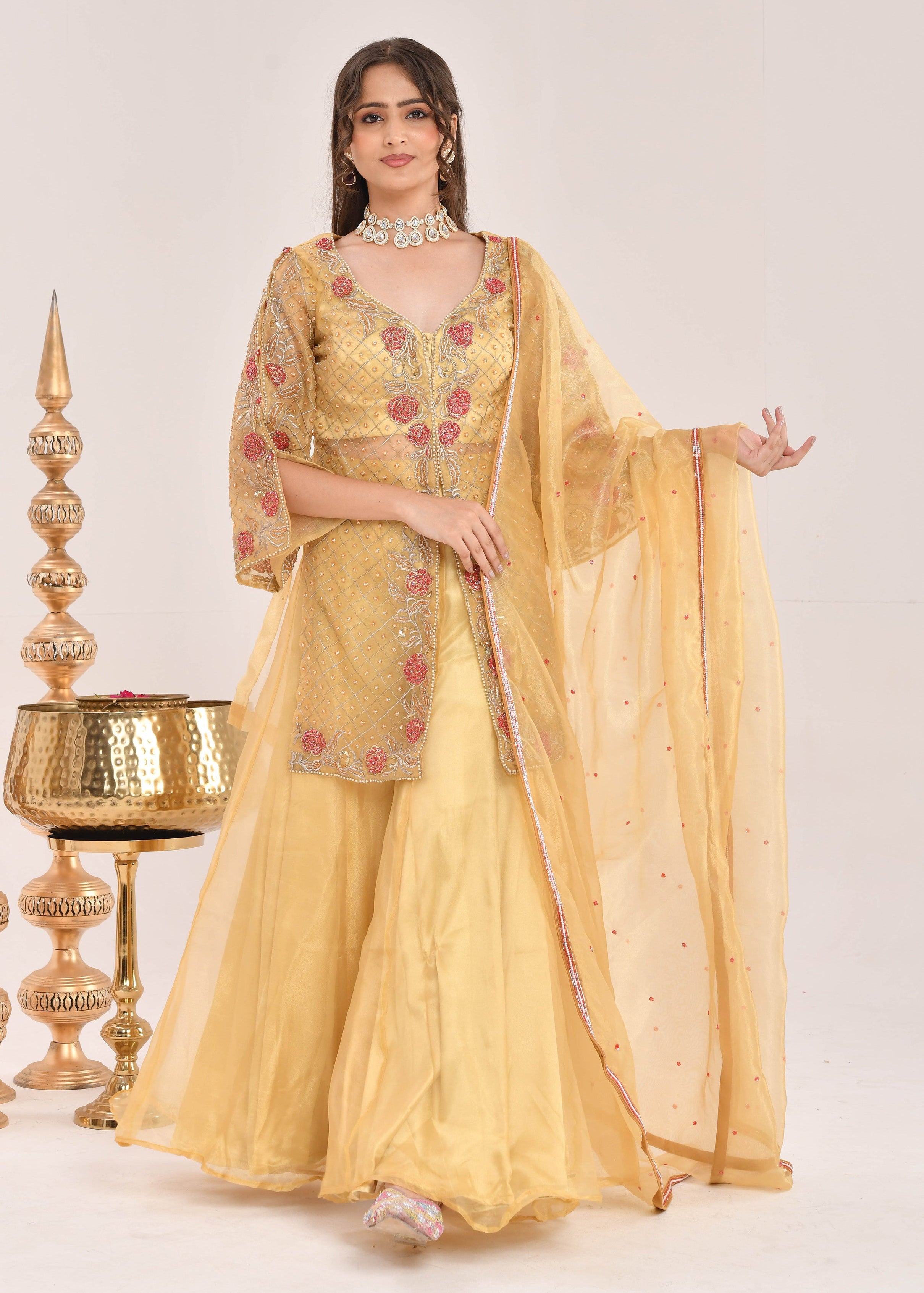 Mustard Yellow Hand-Embroidered Organza Sharara Suit
