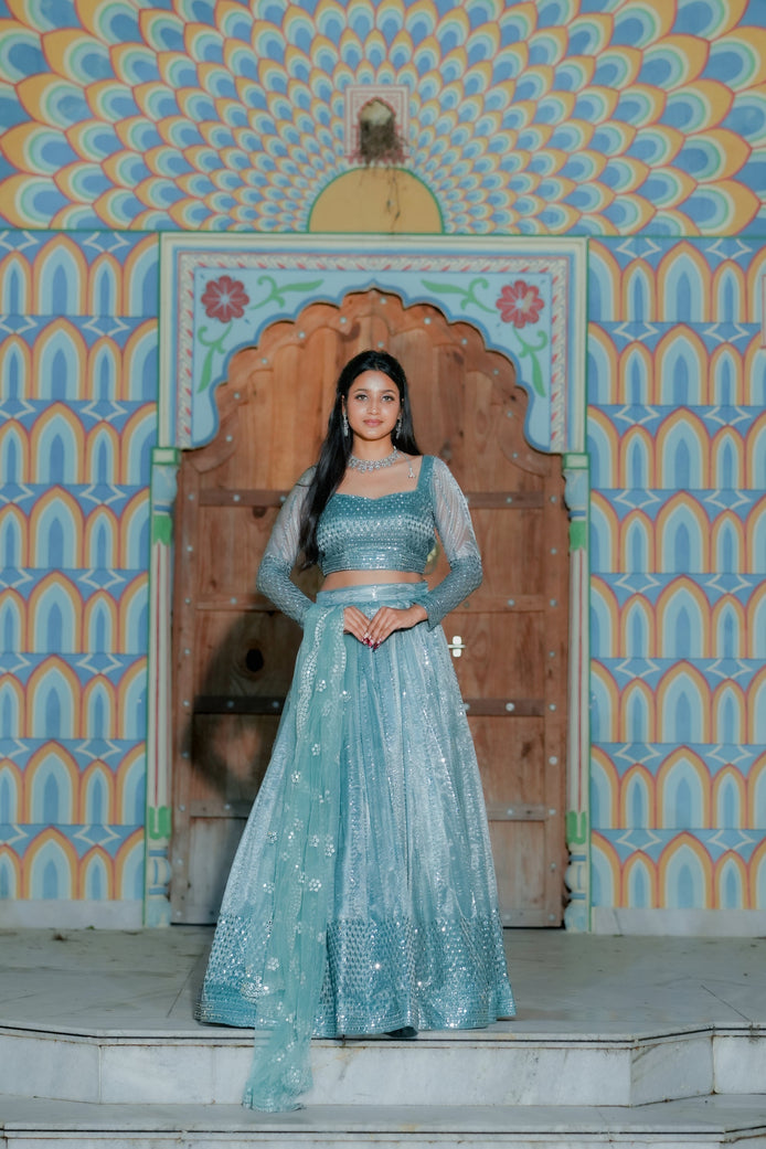 Light Blue Embroidered Chiffon Lehenga
