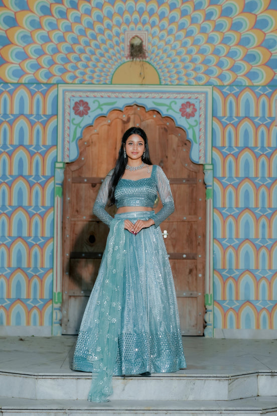 Light Blue Embroidered Chiffon Lehenga