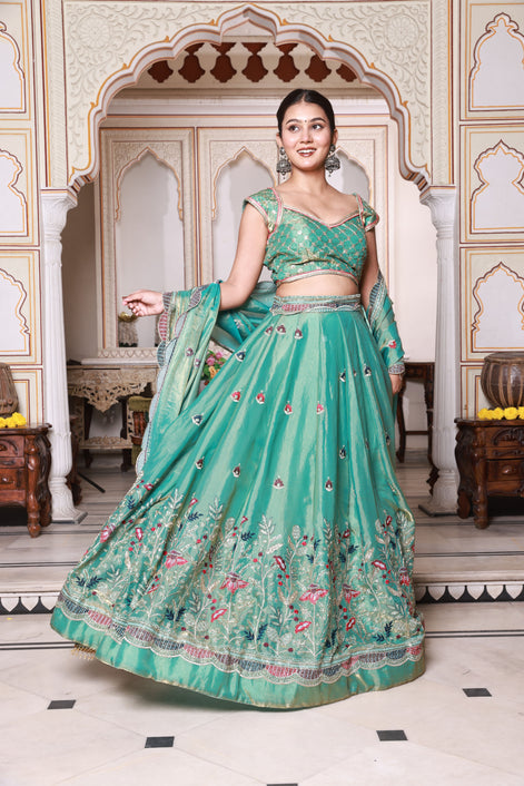 Teal Green Floral Embroidered Silk Lehenga