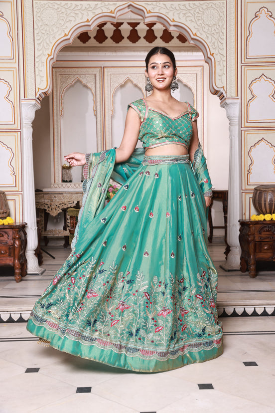 Teal Green Floral Embroidered Silk Lehenga