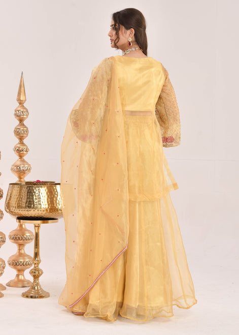 Mustard Yellow Hand-Embroidered Organza Sharara Suit