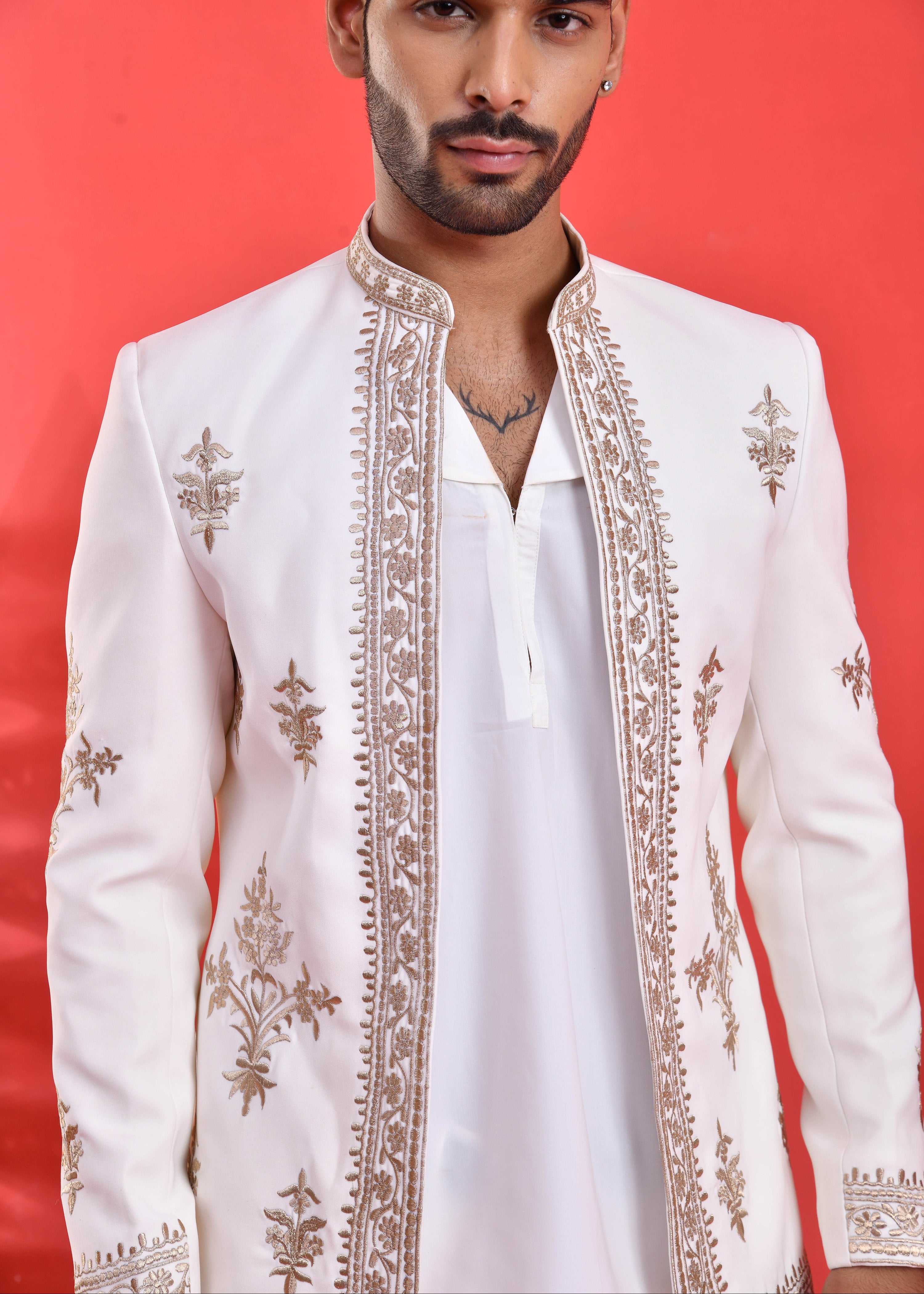 White Embroidered Japanese Silk Indo-Western Suit