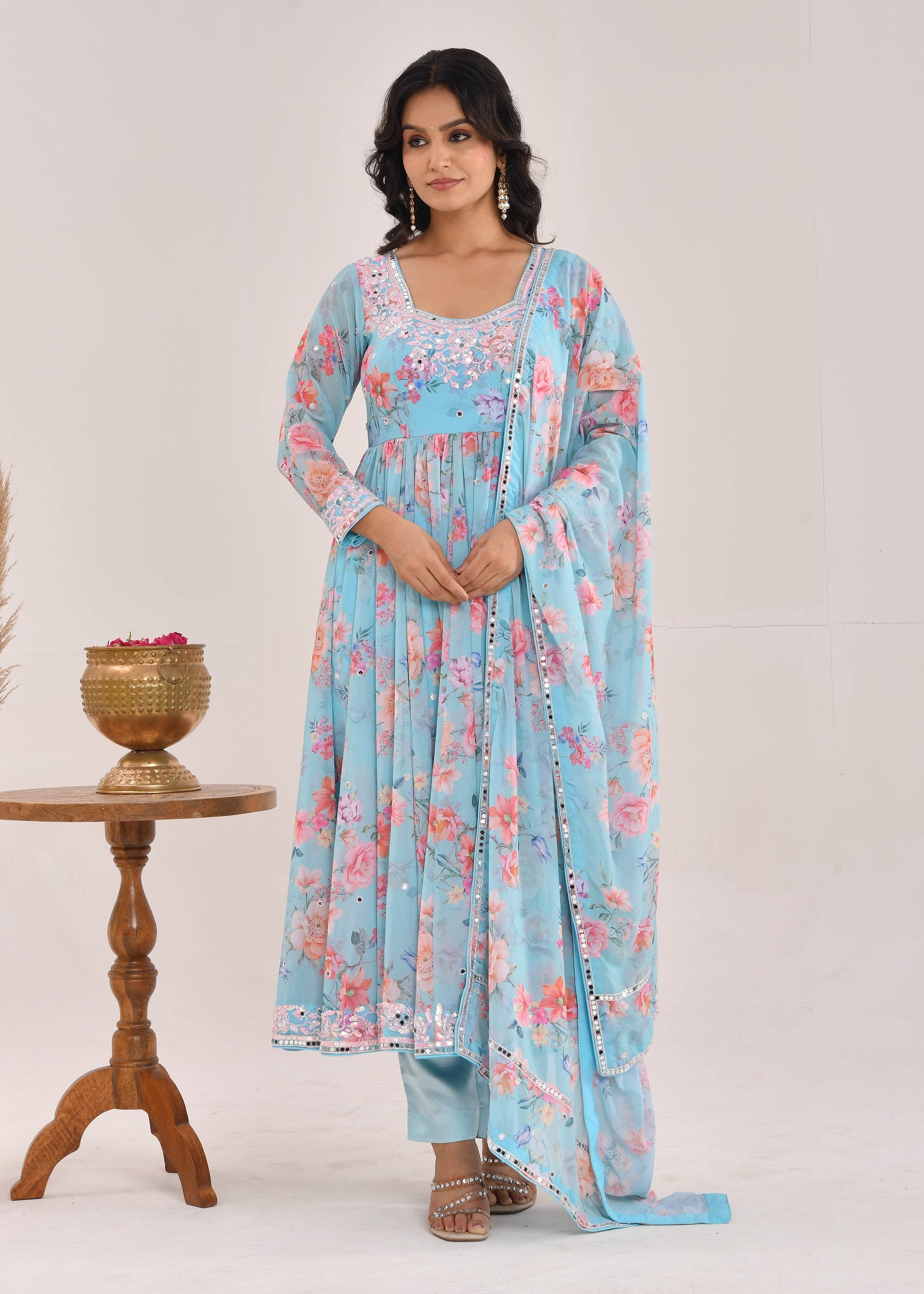 Sky Blue Floral Printed Hand-Embroidered Georgette Anarkali Suit