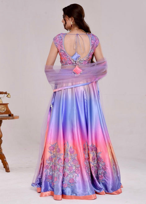 Multicolor Floral Hand-Embroidered Satin Silk Lehenga