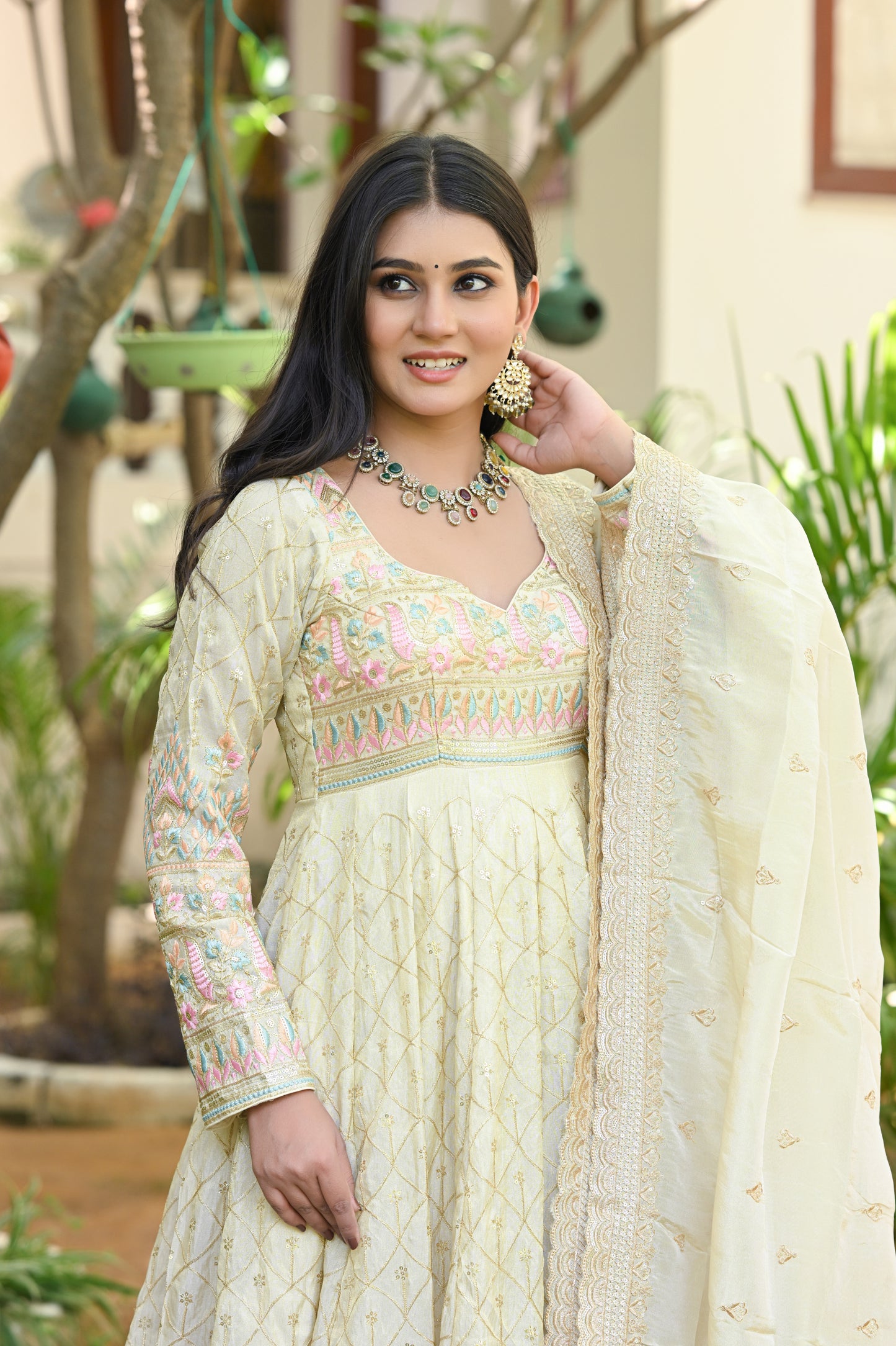 Beige Multicolor Floral Embroidered Silk Anarkali