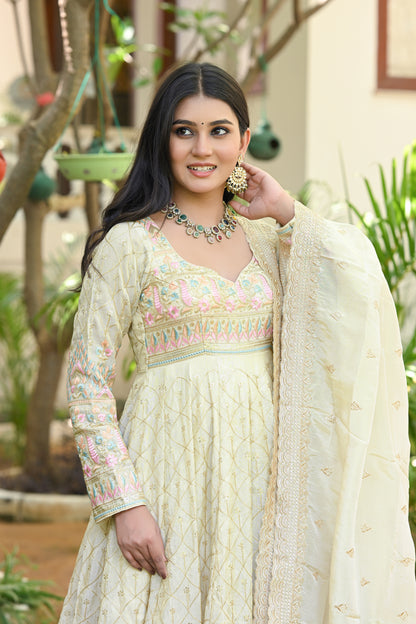 Beige Multicolor Floral Embroidered Silk Anarkali