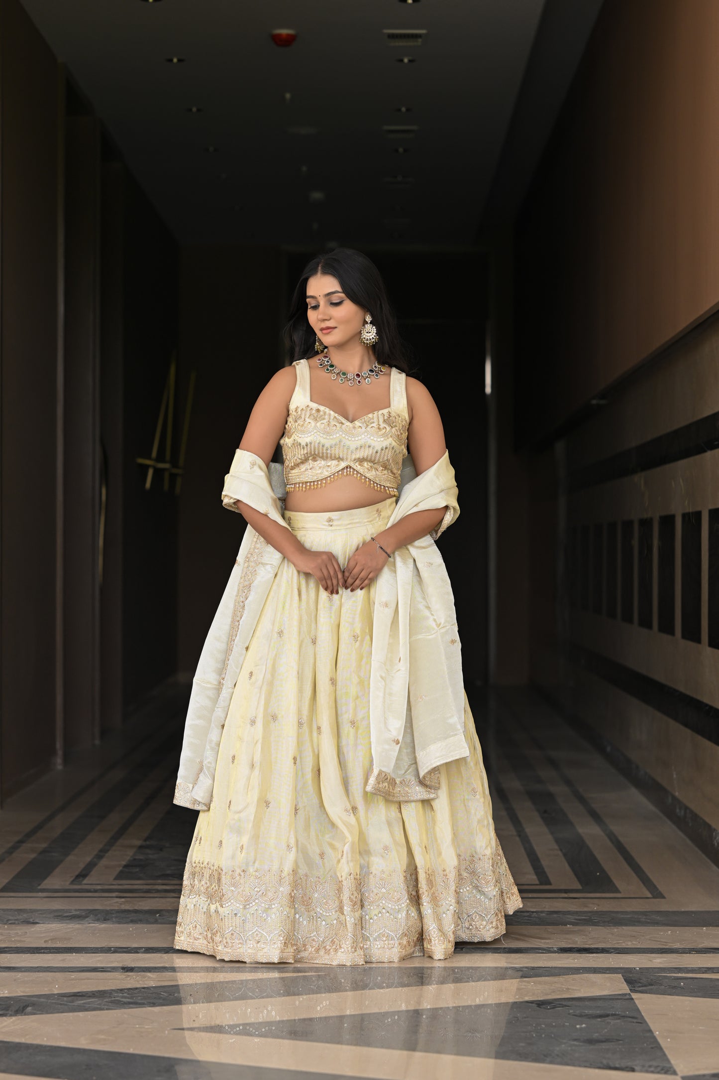 Off-White and Beige Embroidered Silk Lehenga