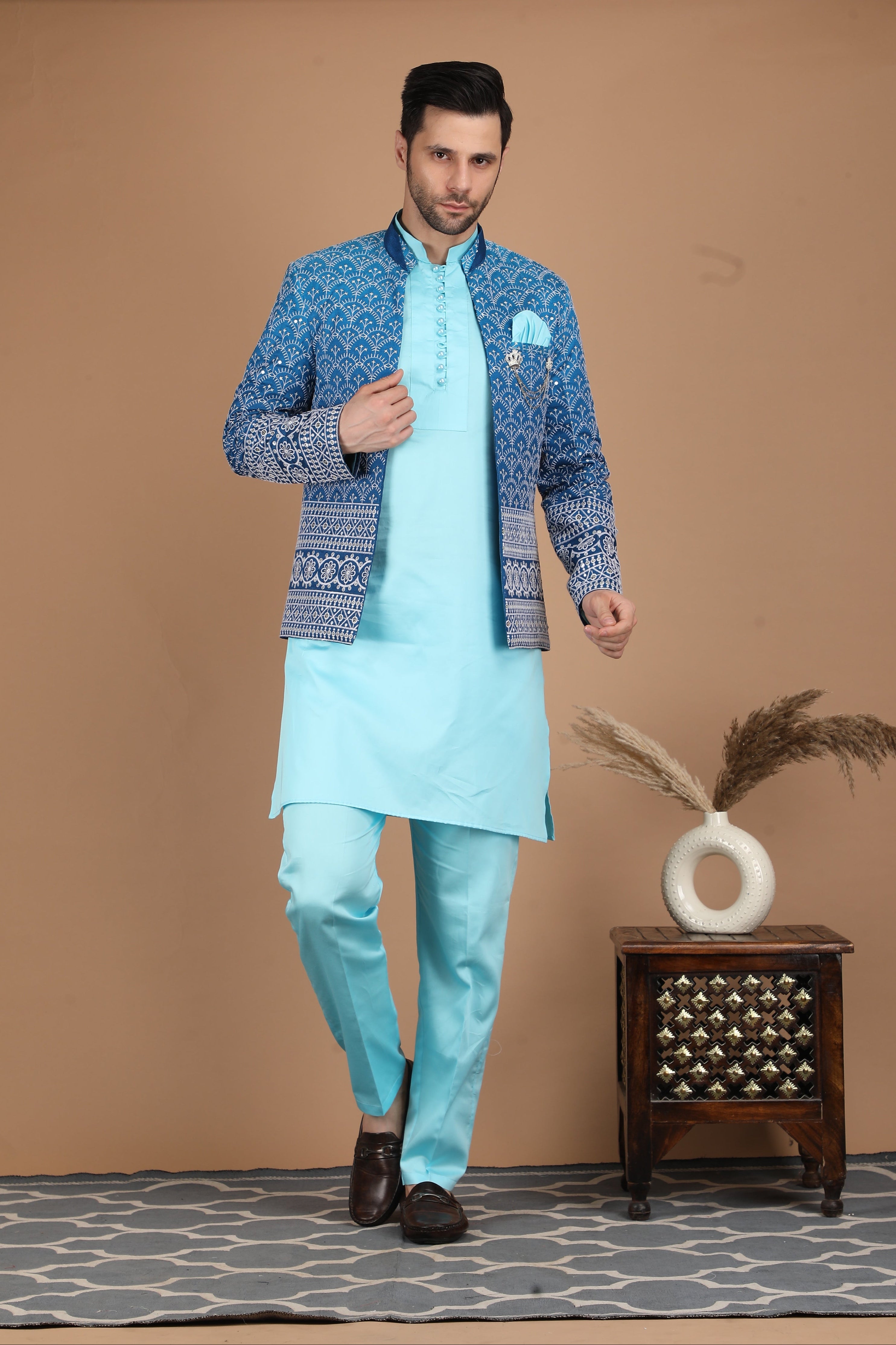 Blue and Aqua Blue Nehru Jacket Set