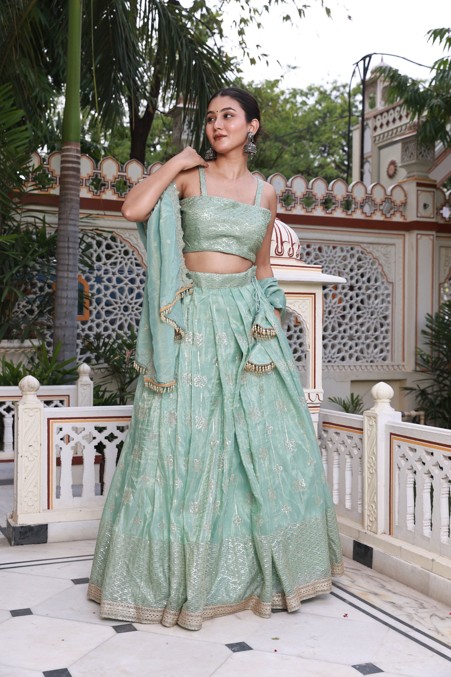Mint Green Embroidered Raw Silk Lehenga