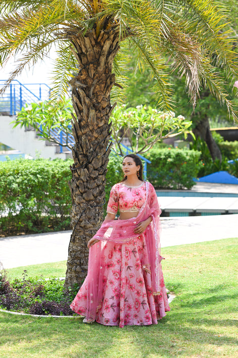 Pink Multicolor Floral Embellished Organza Lehenga