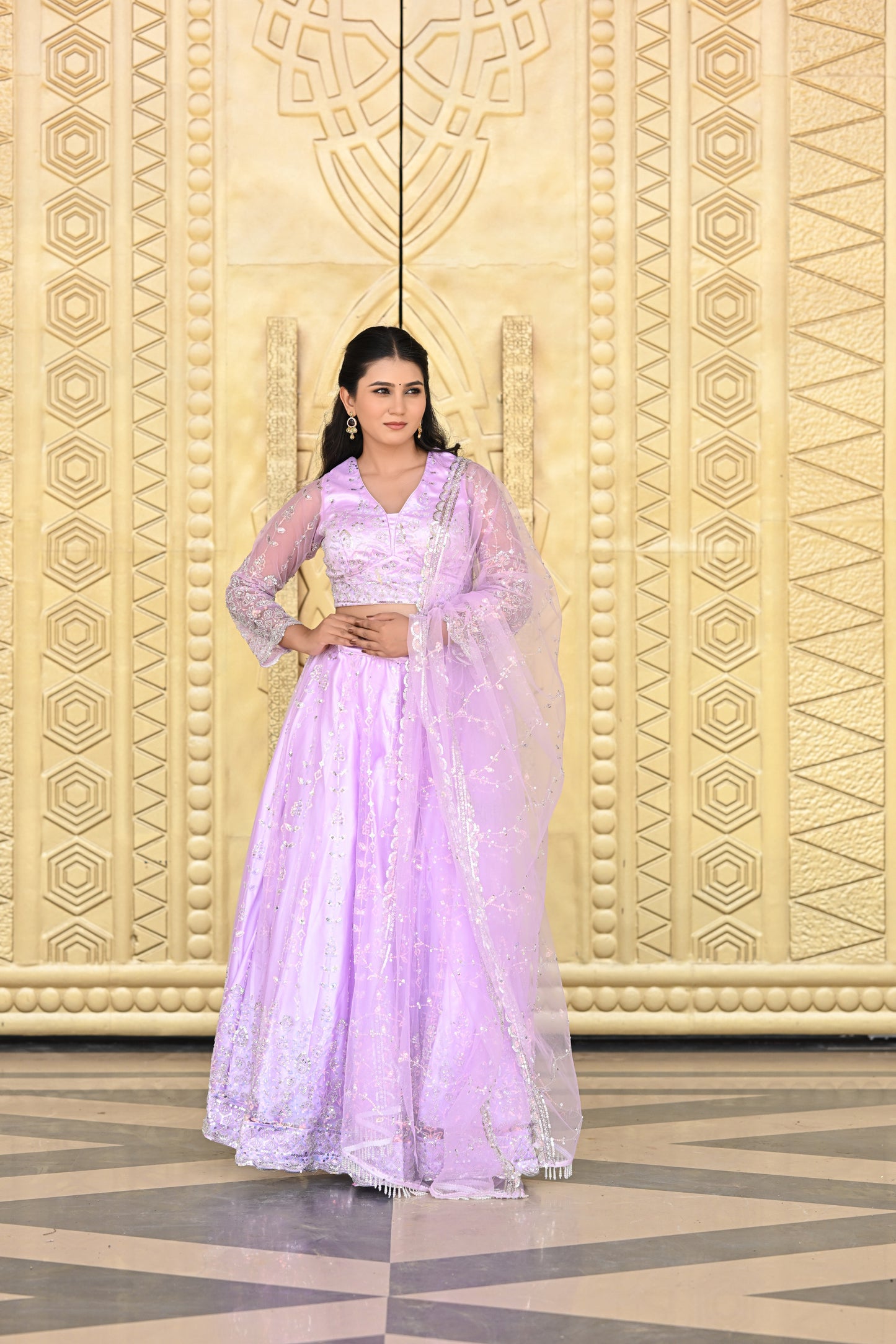 Lavender Pink Sparkle Embroidered Net Lehenga