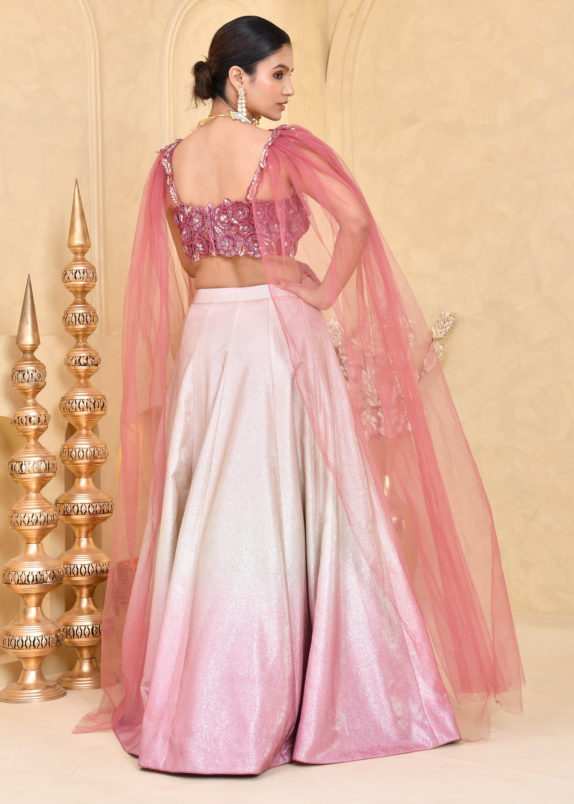 Tricolor Hand-Embroidered Shimmer Lycra Lehenga