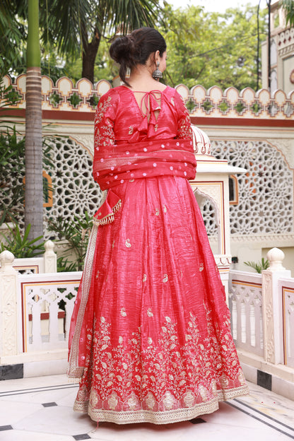 Red Floral Embroidered Raw Silk Lehenga