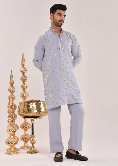 Powder Blue Hand-Embroidered Silk Kurta Set