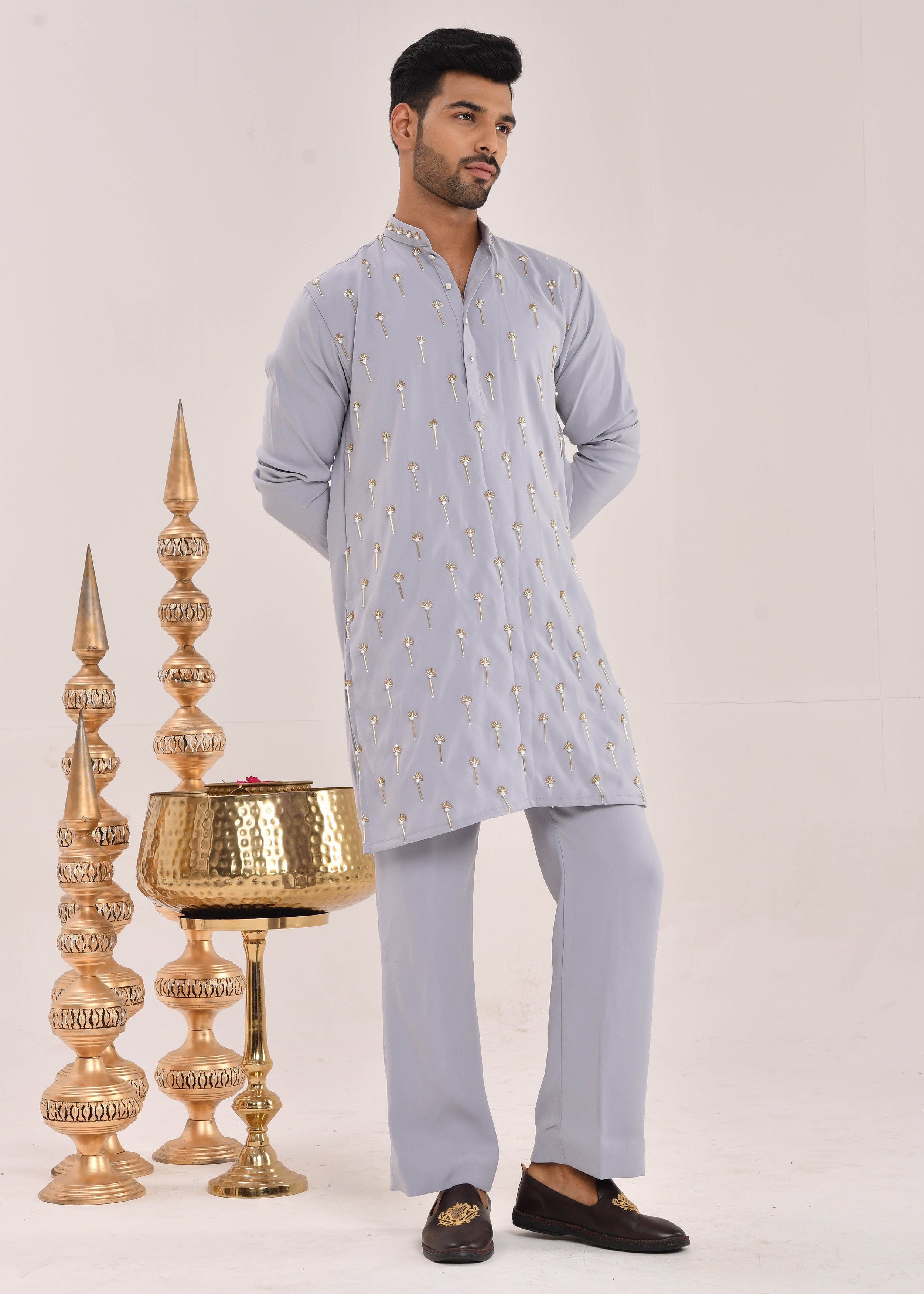 Powder Blue Hand-Embroidered Silk Kurta Set