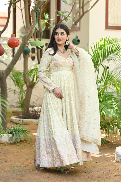 Beige Multicolor Floral Embroidered Silk Anarkali