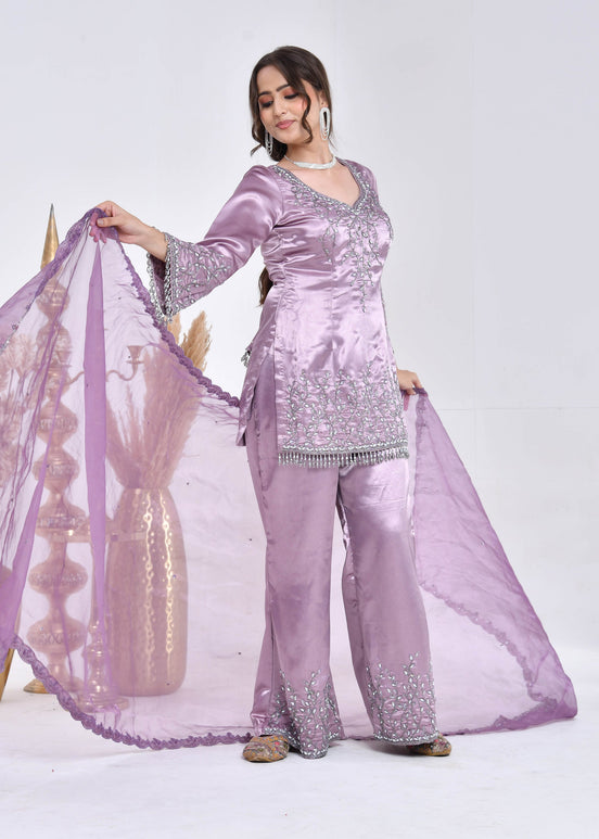 Mauve Hand-Embroidered Satin Sharara Suit