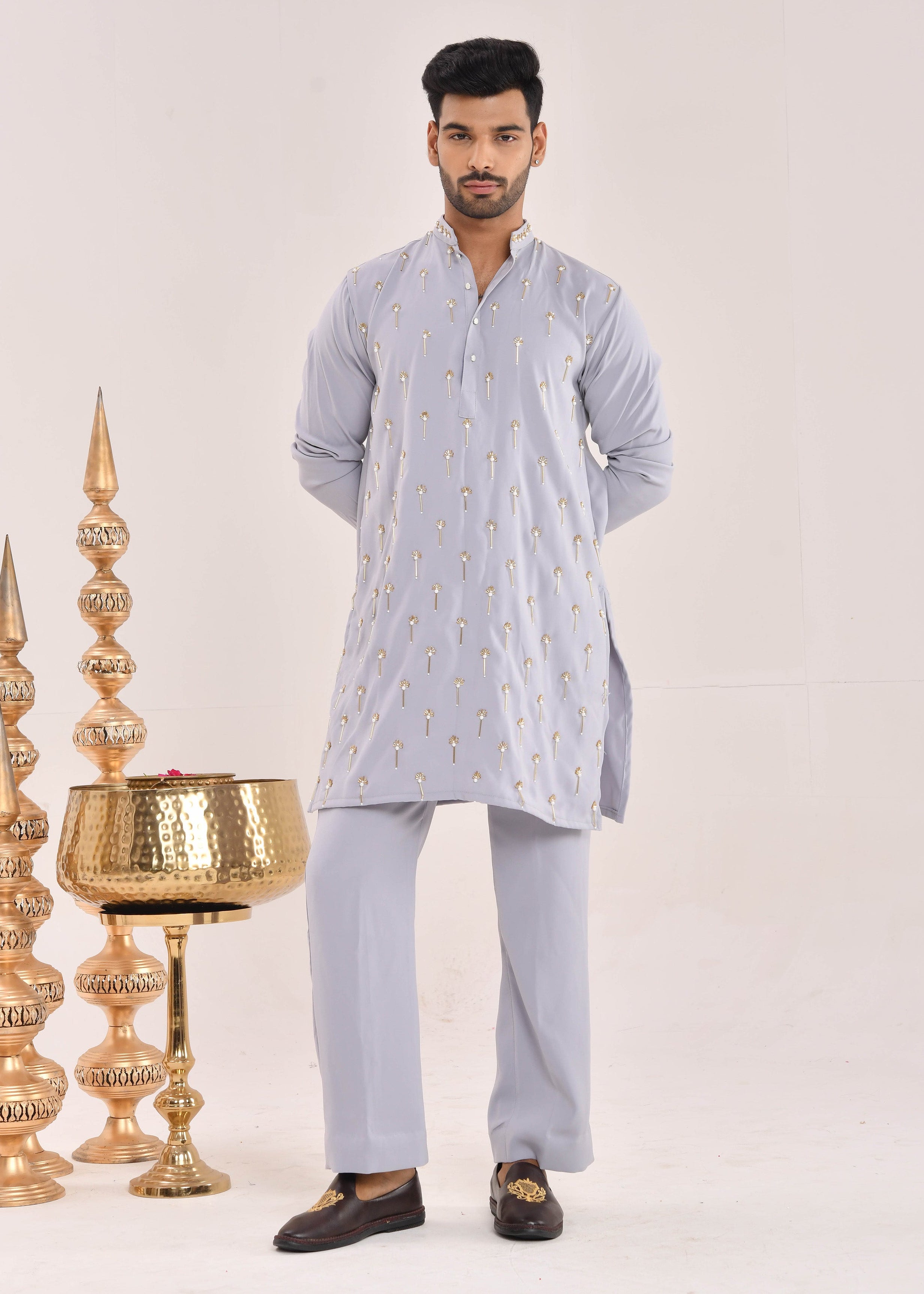 Powder Blue Hand-Embroidered Silk Kurta Set