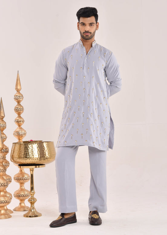 Powder Blue Hand-Embroidered Silk Kurta Set